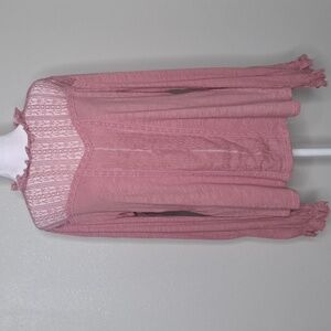 Indigo Thread Co Long Sleeve Lace Top Medium Tunic Blouse Pink Ruffle Neck